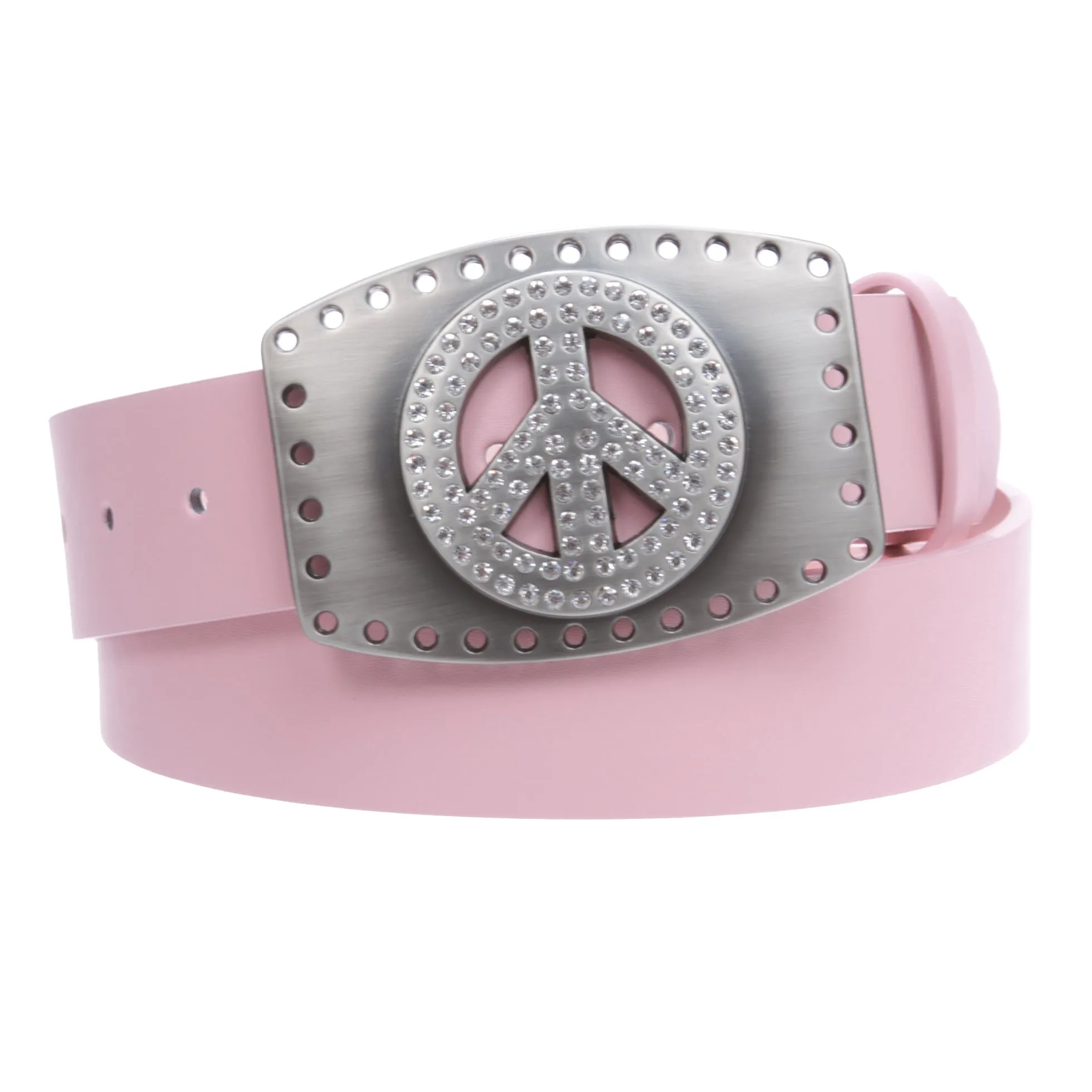 1 1/2" Snap On Rhinestone Peace Symbol Love Sign Hollow Out Buckle With Leather Belt
