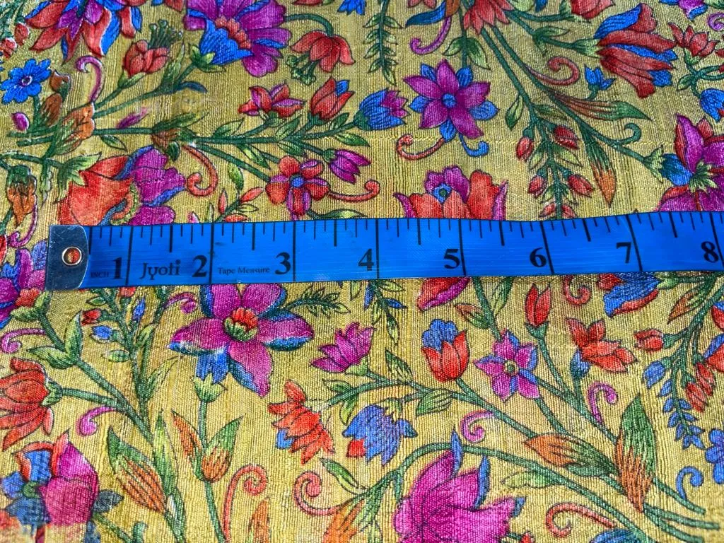 100% silk Dupion fabric mustard gold with multi color floral print 40" wide SLUBS DUPPRT41[4]