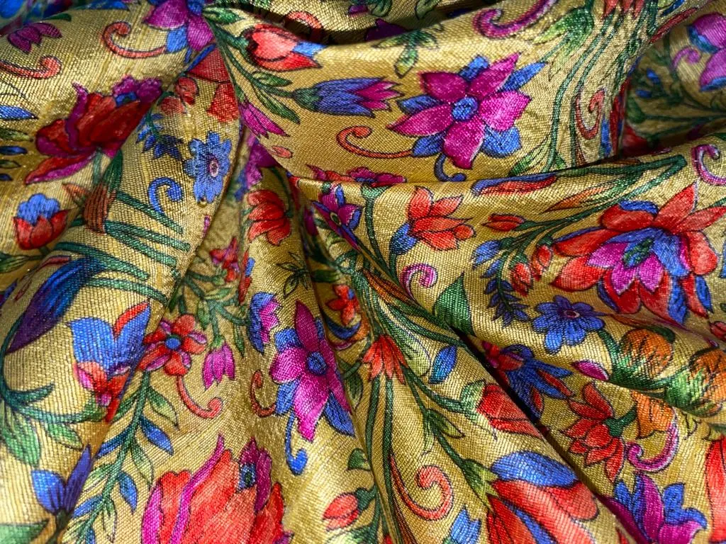 100% silk Dupion fabric mustard gold with multi color floral print 40" wide SLUBS DUPPRT41[4]