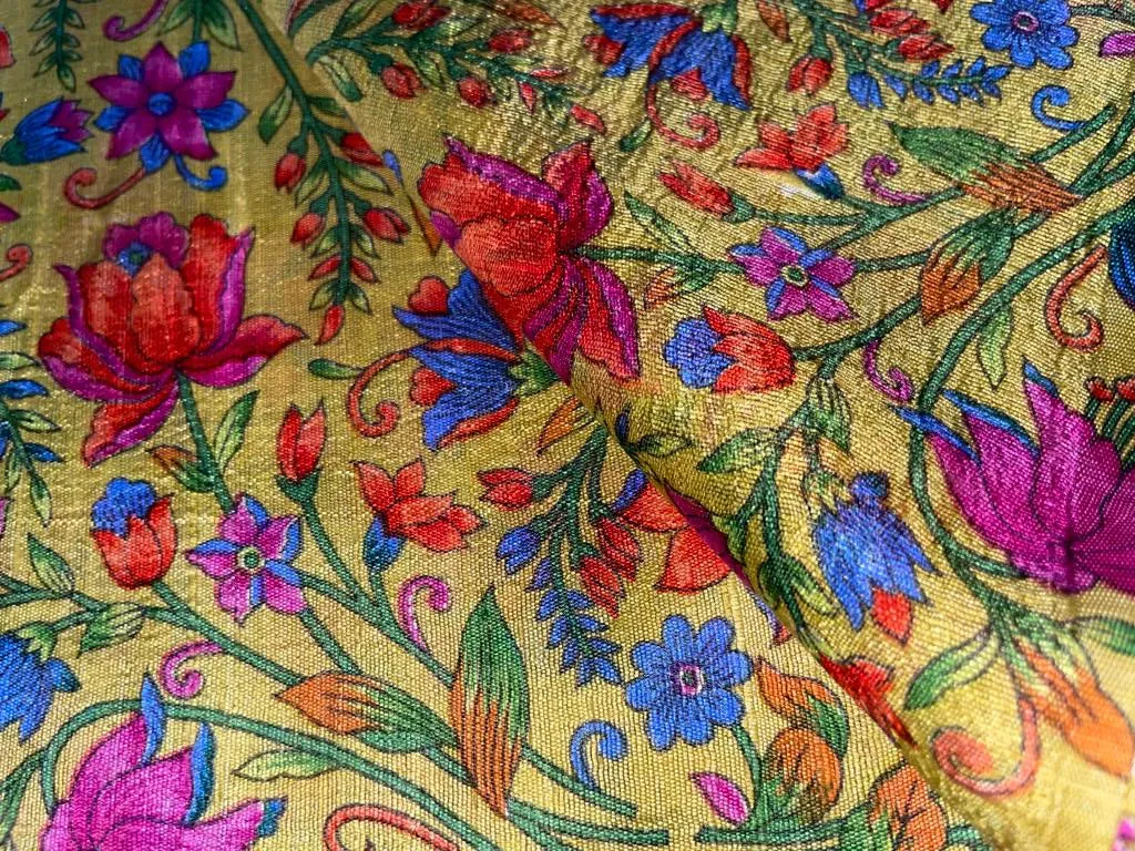 100% silk Dupion fabric mustard gold with multi color floral print 40" wide SLUBS DUPPRT41[4]