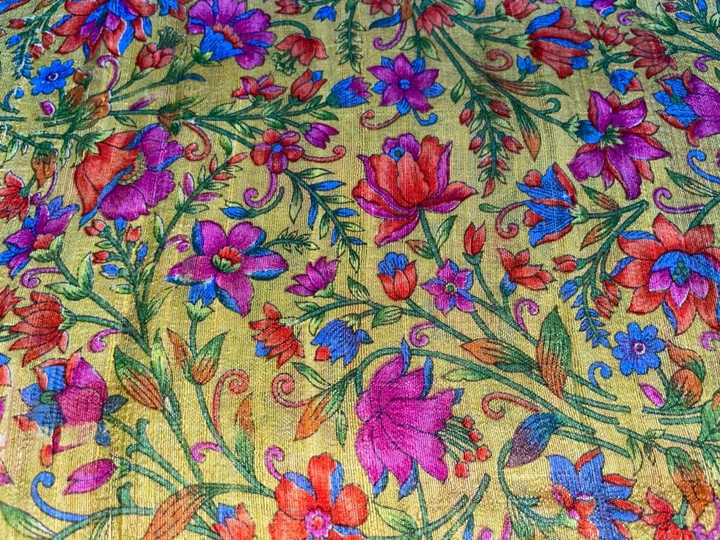 100% silk Dupion fabric mustard gold with multi color floral print 40" wide SLUBS DUPPRT41[4]