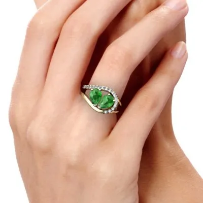 14K Yellow Gold Emerald and Diamond Pear Nestled Heart Keepsake Ring - Size 8.5