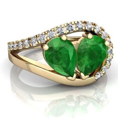 14K Yellow Gold Emerald and Diamond Pear Nestled Heart Keepsake Ring - Size 8.5