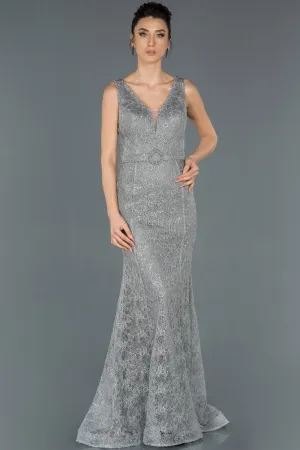 16747 Grey Belt Lace Shimmer Mermaid Dress
