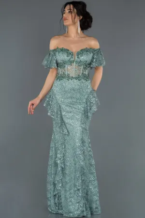 17029 Mint Green Transparent Corset Strapless Lace Dress
