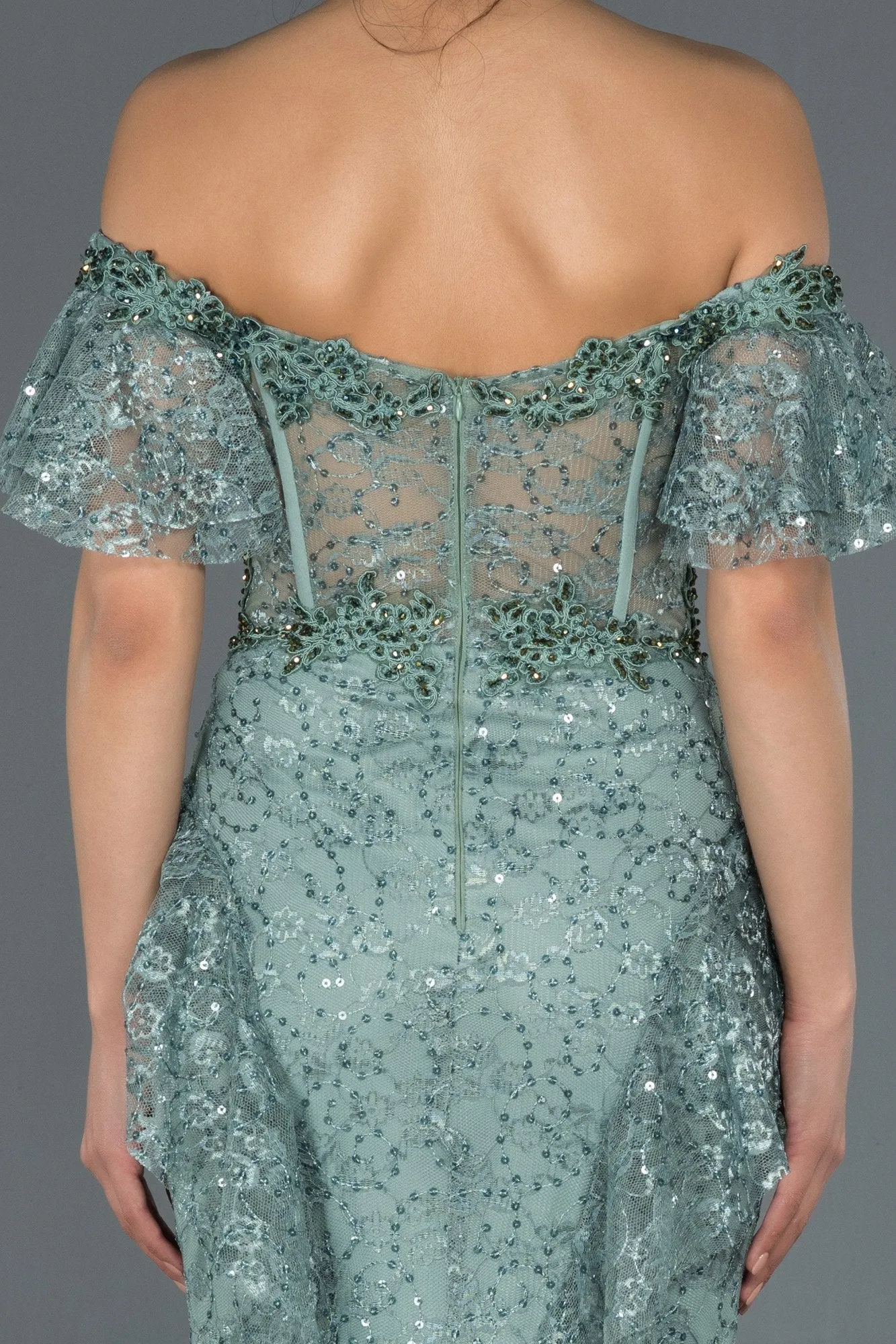17029 Mint Green Transparent Corset Strapless Lace Dress