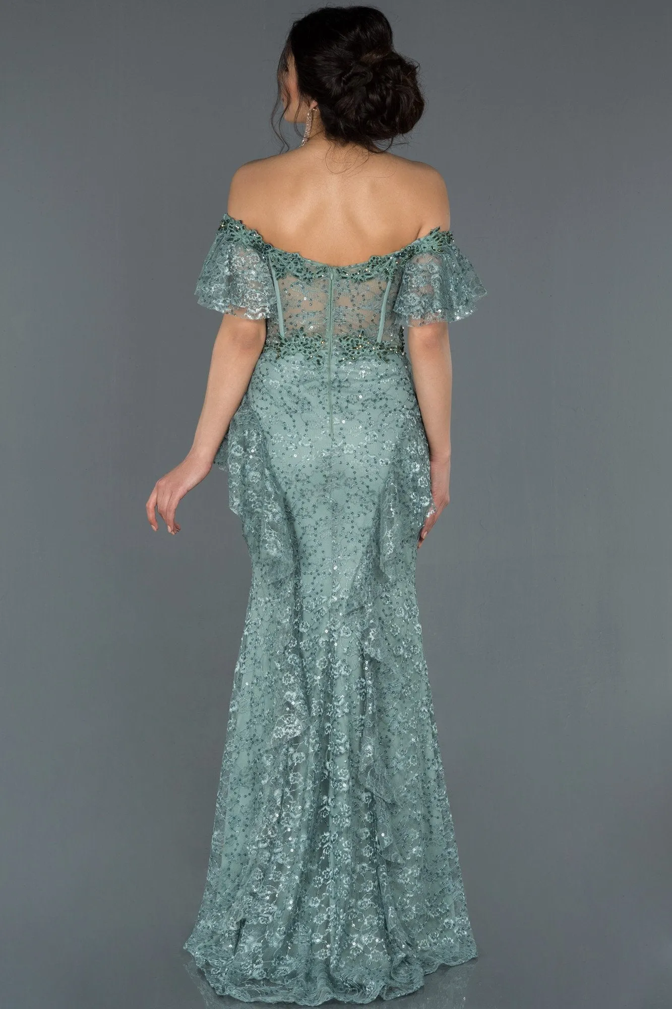 17029 Mint Green Transparent Corset Strapless Lace Dress