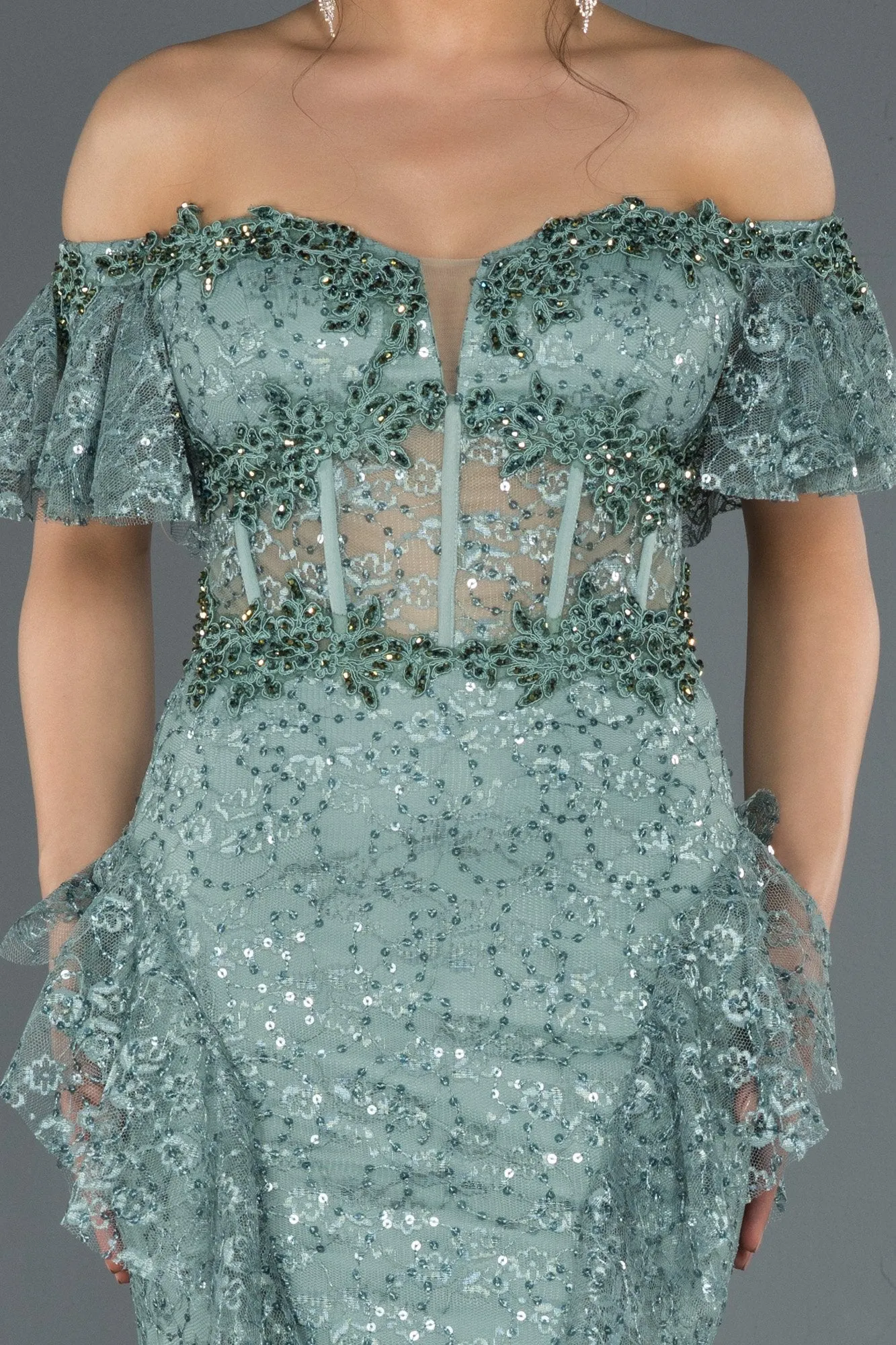 17029 Mint Green Transparent Corset Strapless Lace Dress