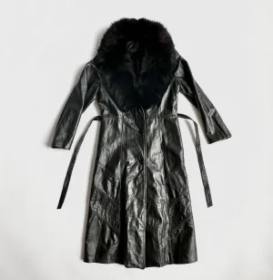 1970s Black Leather Belted Trench Jacket with Fur Collar