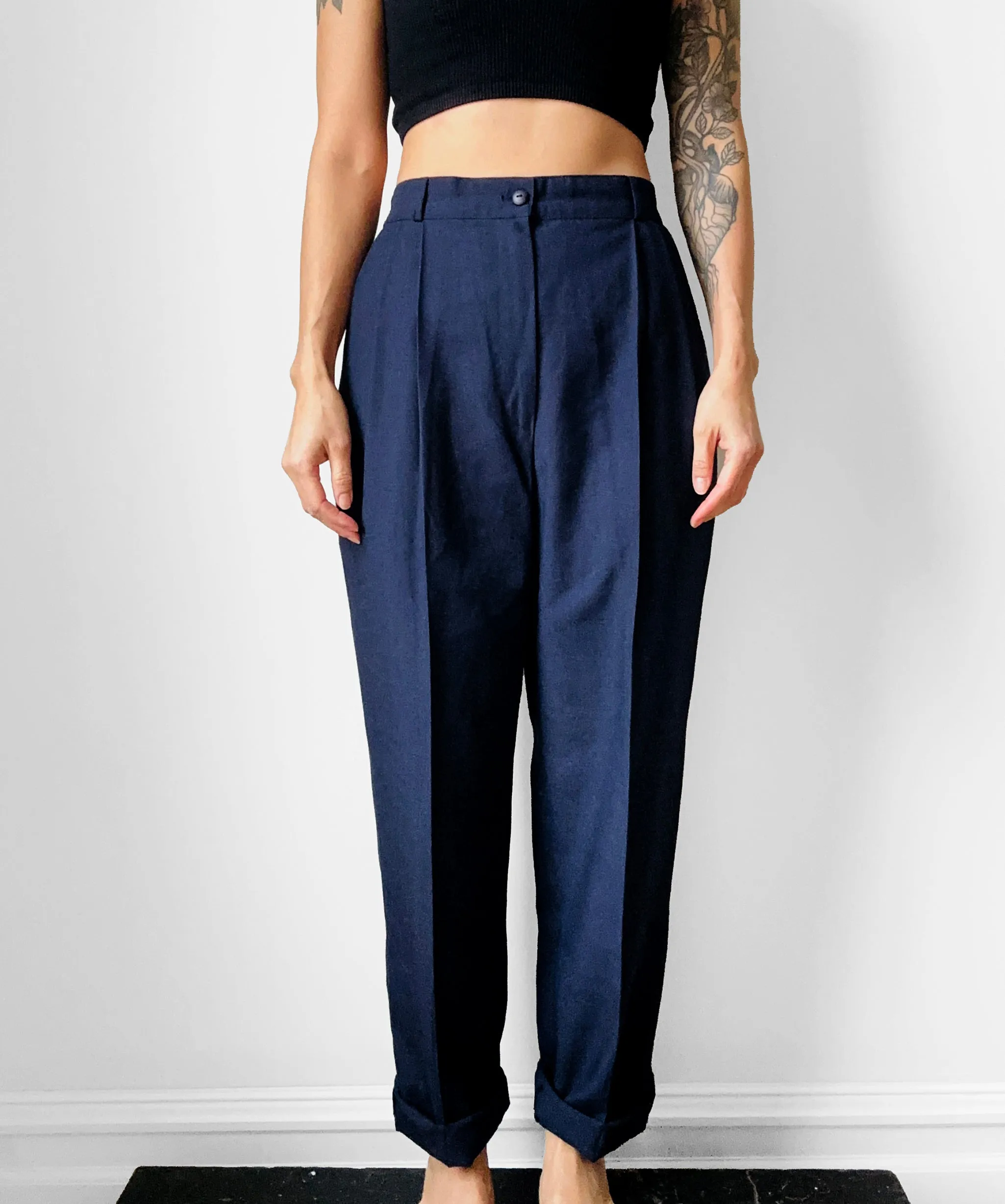 1980s Dark Navy Blue Pleated High-Waisted Tapered Leg Trousers - Waist 26.5 - 27