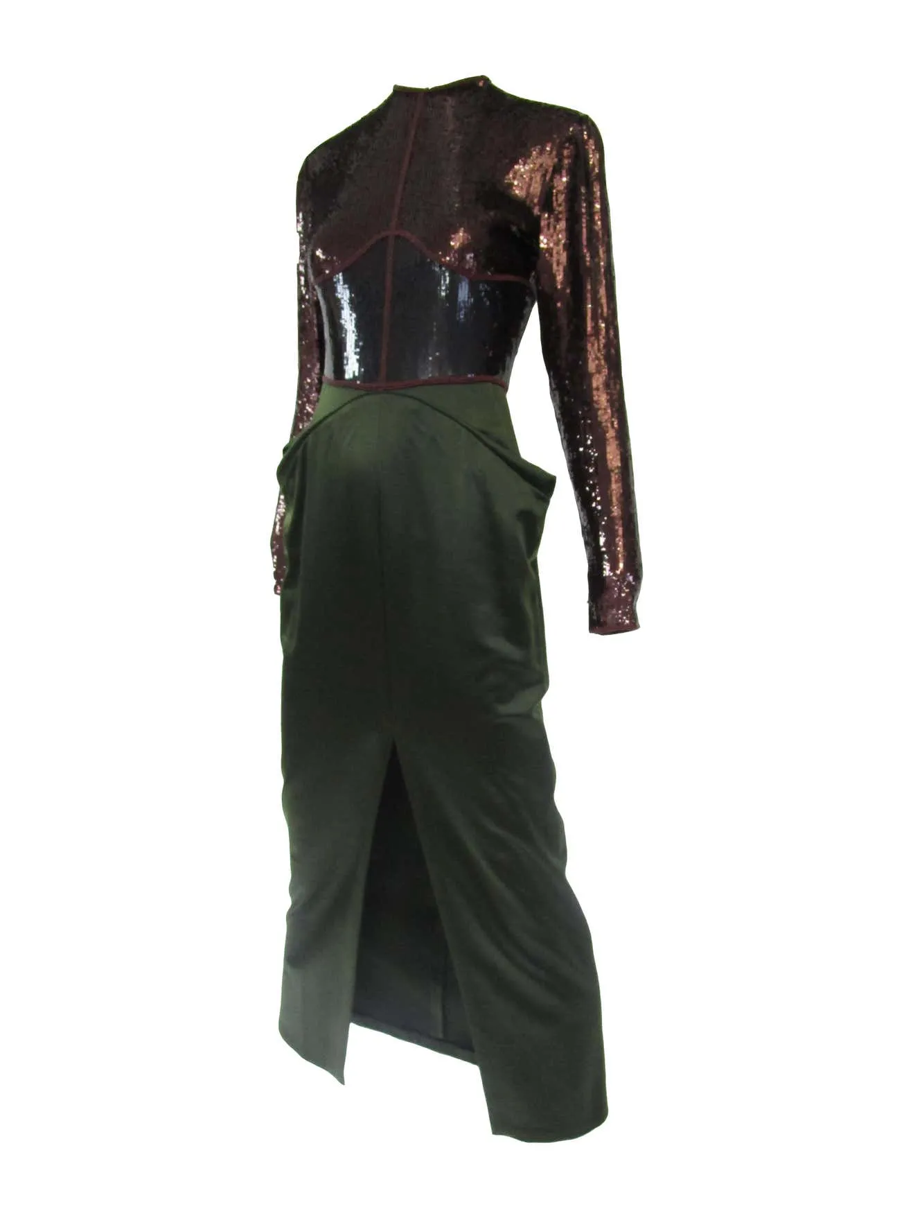 1990s Geoffrey Beene Burgundy and Green Satin Sequined Cocktail Dress