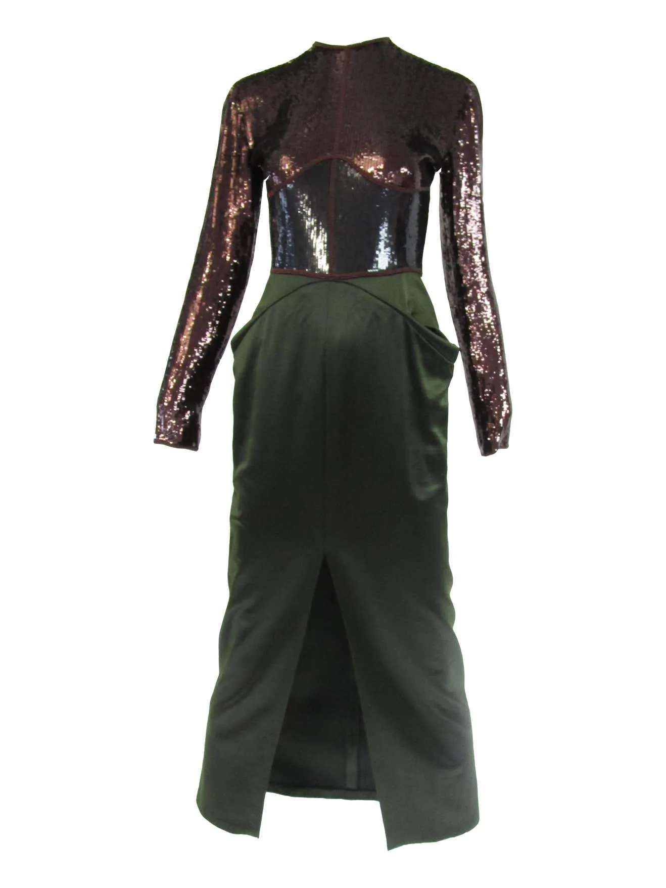 1990s Geoffrey Beene Burgundy and Green Satin Sequined Cocktail Dress