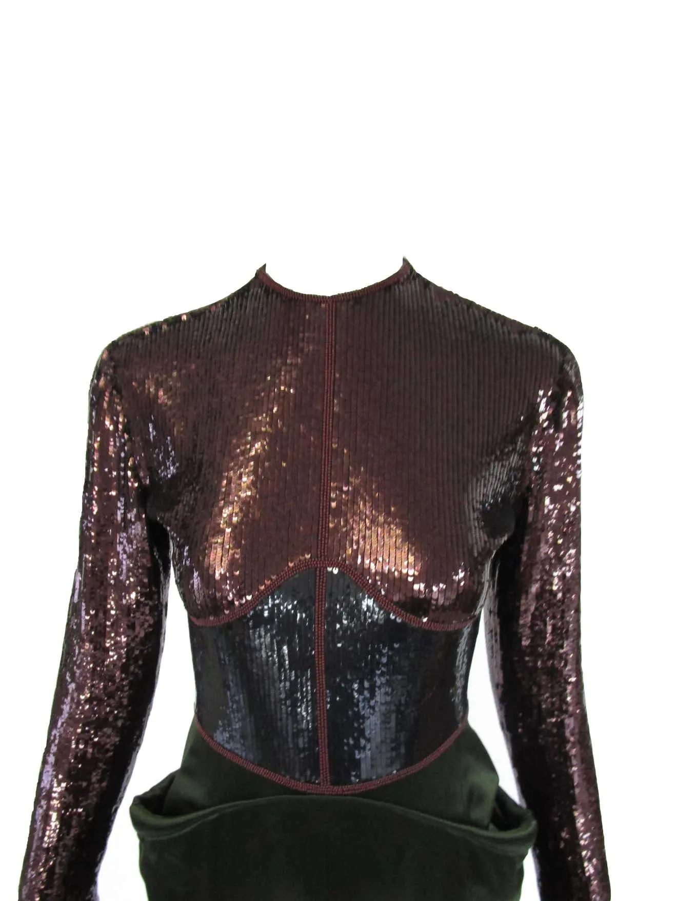1990s Geoffrey Beene Burgundy and Green Satin Sequined Cocktail Dress