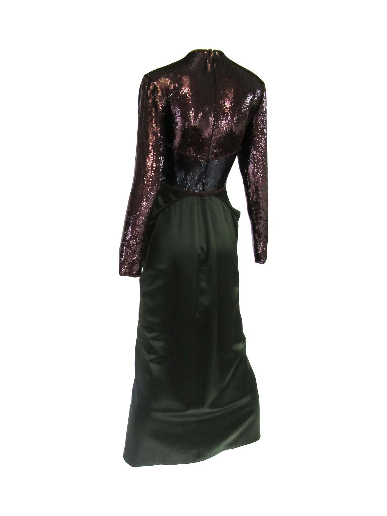 1990s Geoffrey Beene Burgundy and Green Satin Sequined Cocktail Dress