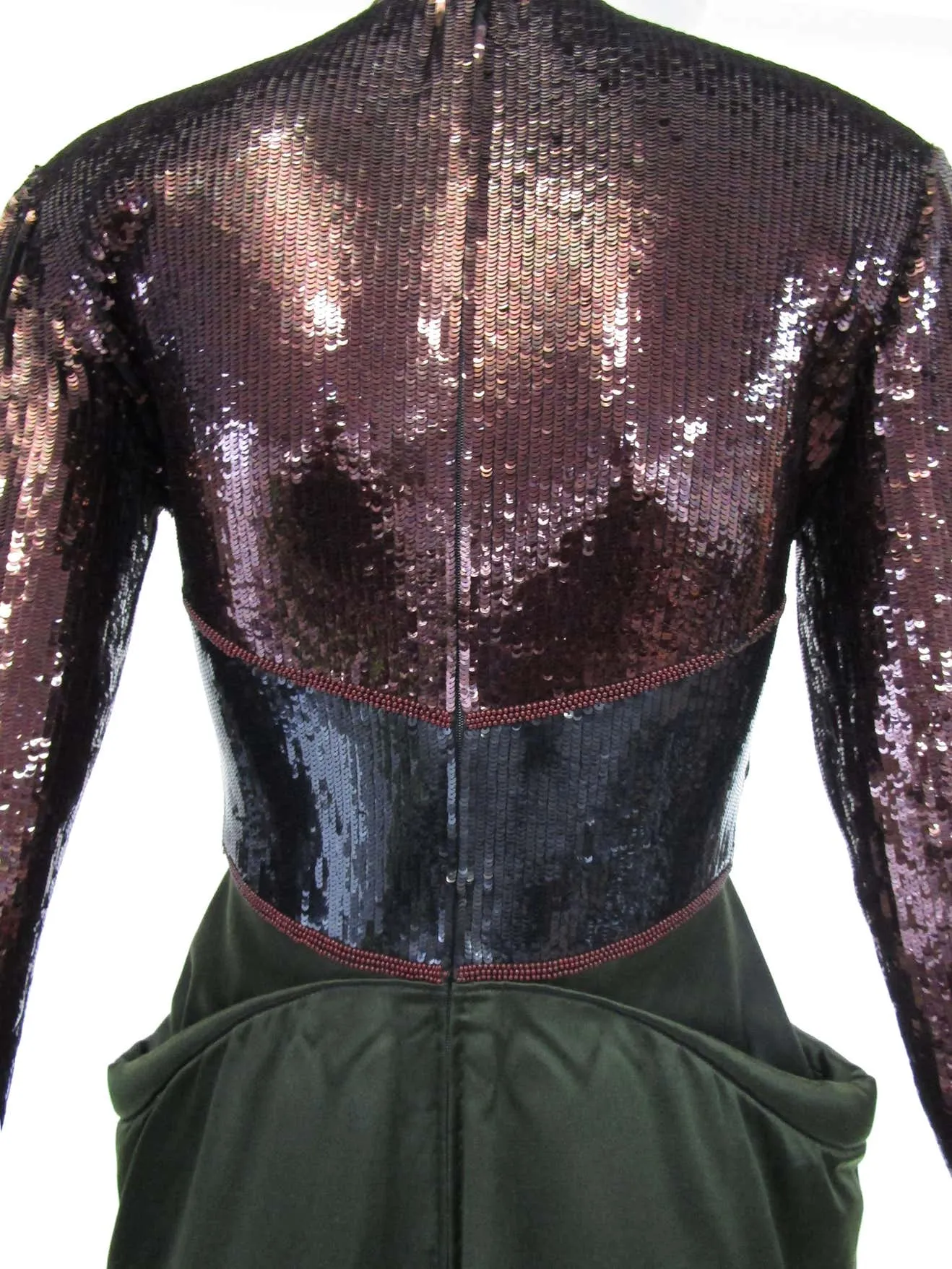 1990s Geoffrey Beene Burgundy and Green Satin Sequined Cocktail Dress