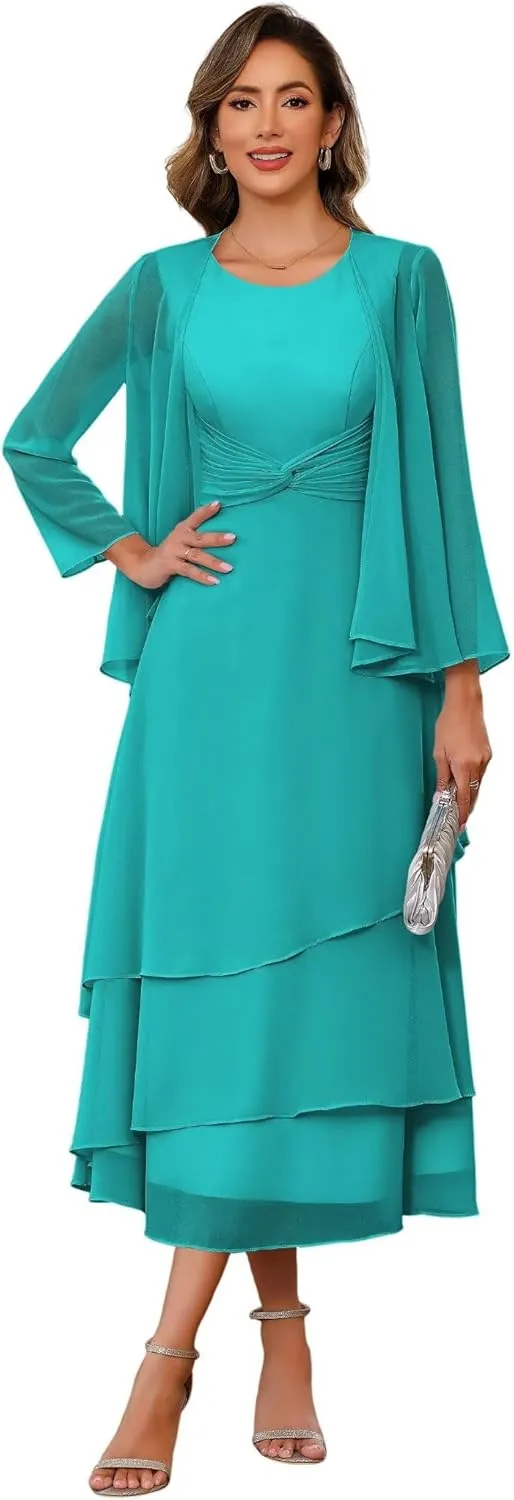 2 Piece Mother of The Bride Dresses with Jacket 2025 Chiffon Formal Evening Gown Hi008