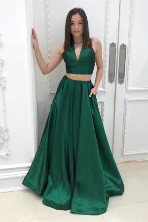 2 Pieces Dark Green V Neck Halter Long Prom Dresses With Pocket