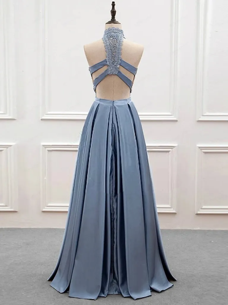 2 Pieces High Neck Blue Lace Prom Dresses, Open Back Two Pieces Blue Lace Formal Evening Dresses M2571