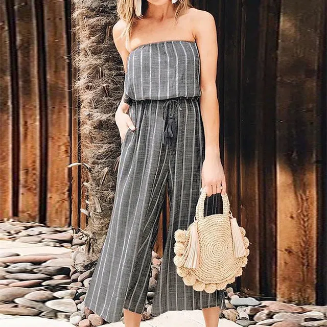 2018 Summer Off Shoulder Sexy Striped Jumpsuit ZANZEA Women Casual Elastic Waist Wide Leg Pants Playsuit Combinaison Long Mono