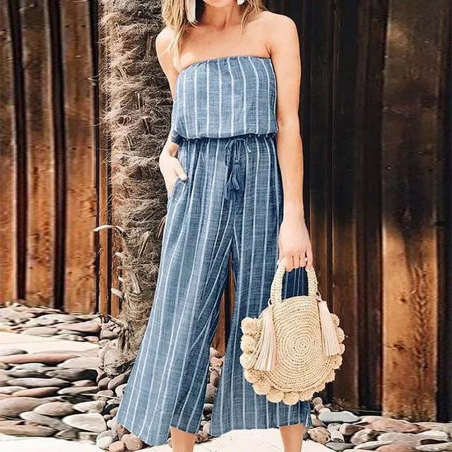 2018 Summer Off Shoulder Sexy Striped Jumpsuit ZANZEA Women Casual Elastic Waist Wide Leg Pants Playsuit Combinaison Long Mono