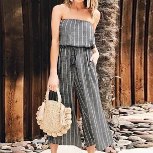 2018 Summer Off Shoulder Sexy Striped Jumpsuit ZANZEA Women Casual Elastic Waist Wide Leg Pants Playsuit Combinaison Long Mono