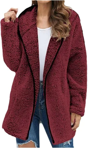 2024 Fashion Zipper Knitted Thick Fleece Coat for Women Long Sleeve Hooded Outwear Warm Soft Slim Overcoat Winter Suit