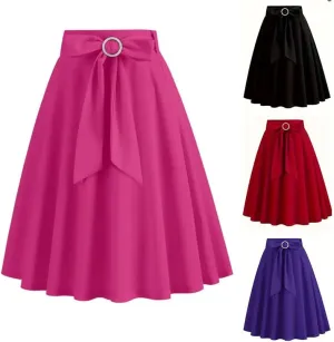 2025 Skirts for Women Trendy Vintage Flare Skirt Midi Length Casual Soft High Waisted Bow A Line Summer Skirts