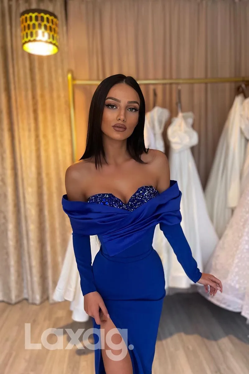 21849 - Royal Blue Thigh Slit Long Sleeves Sequins Prom Evening Dress
