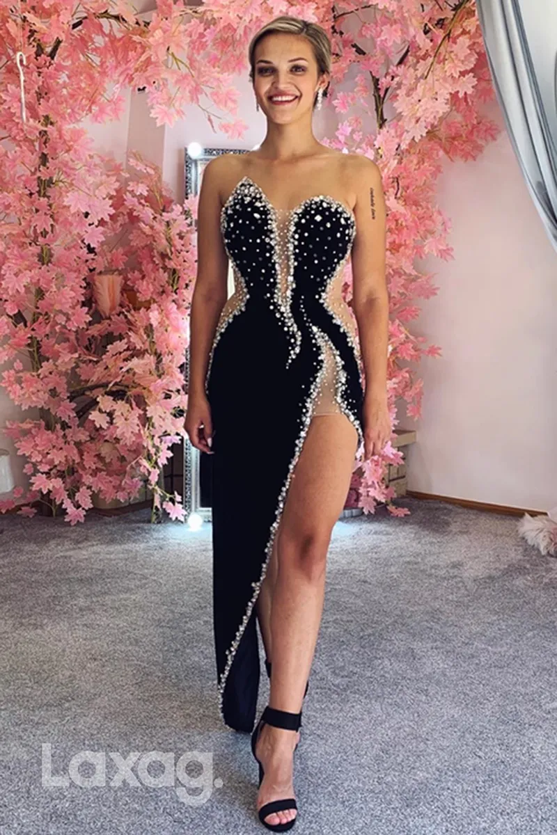 22175 - Low V-Neck Illusion Beaded Sleek Satin High Slit Mermaid Prom Dress