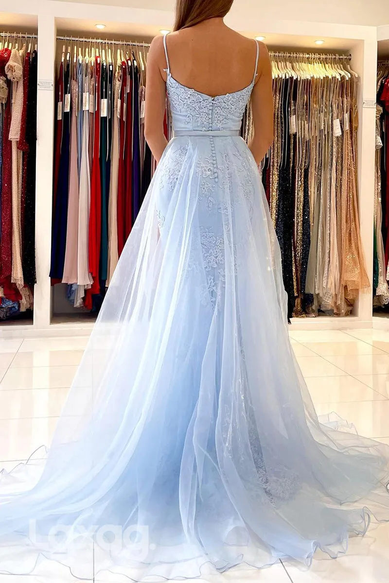 22251 - Spaghetti Straps Appliques Mermaid Party Prom Formal Evening Dress with Overlay