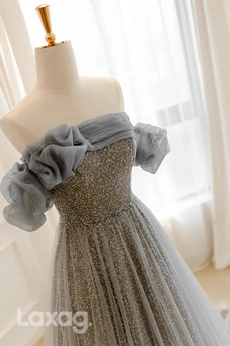 22415 - A-Line Off Shoulder Fully Sequins Tulle Party Prom Formal Evening Dress