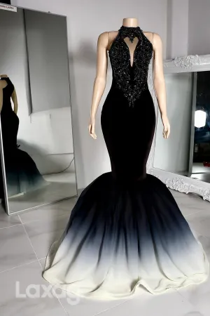 22464 - High Neck Cutout Beaded Mermaid Prom Dresses for Black Girl Slay