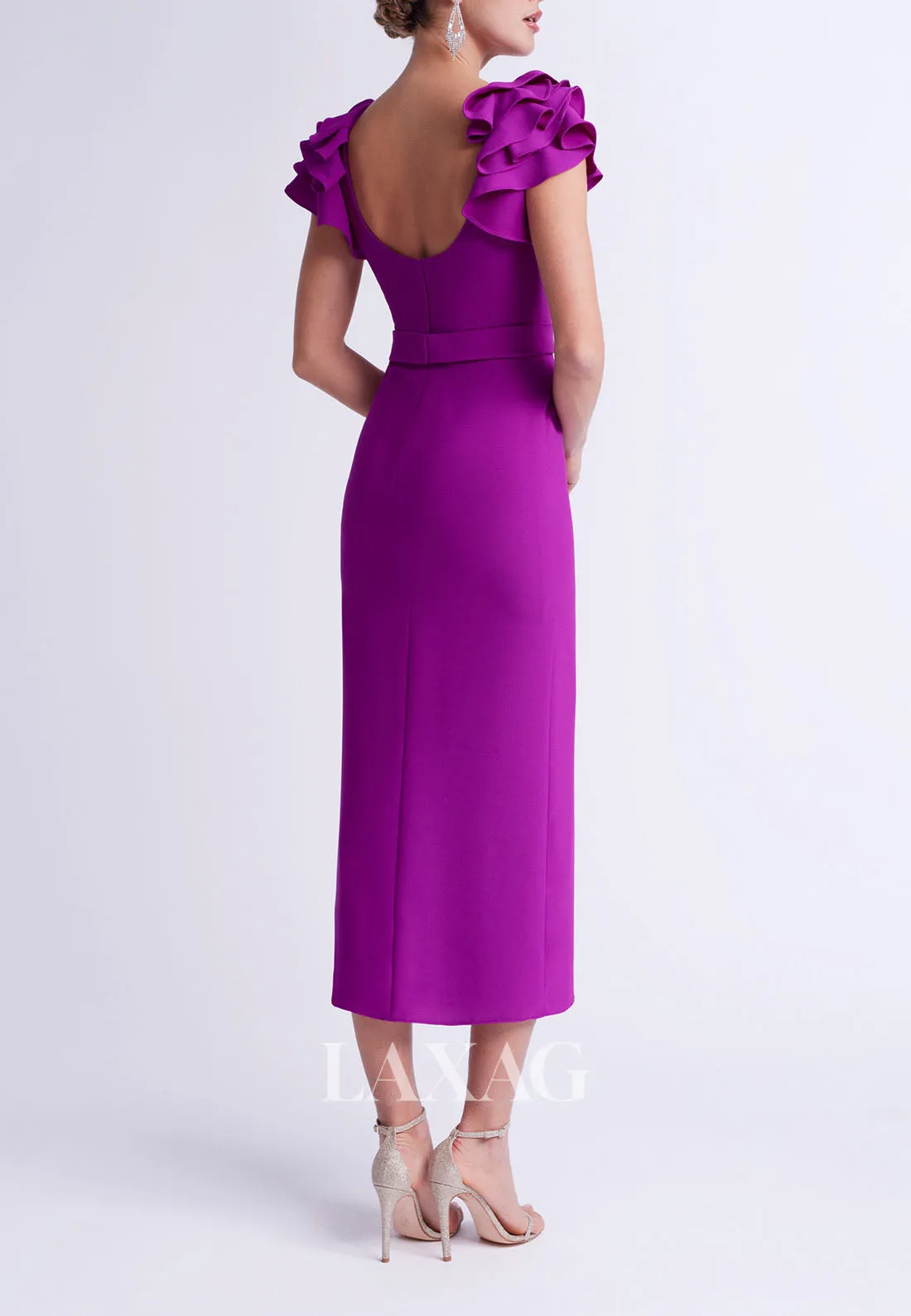 23120 - Round Short Sleeves Tea-Length Sleek Satin Party Formal Evening Dress with Slit