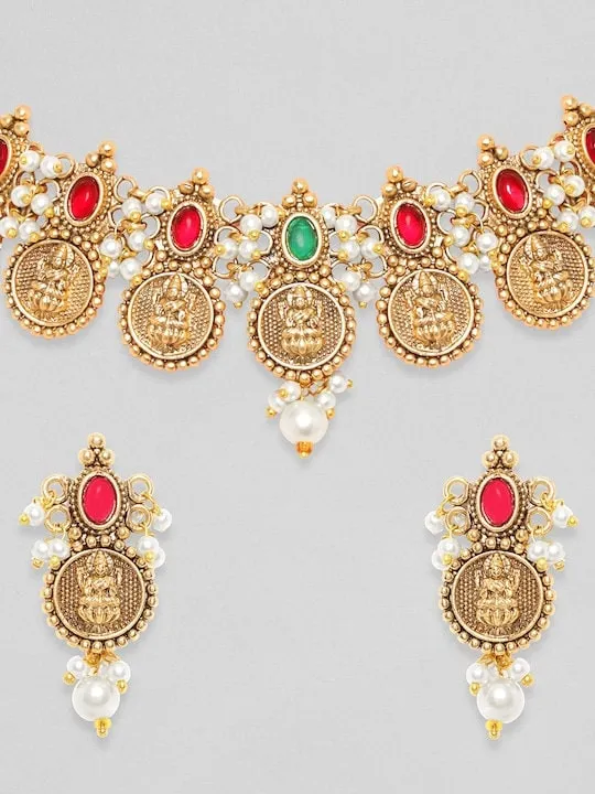 24K Gold-Plated Red & Green Stone-Studded Beaded Handcrafted Jewelry Set