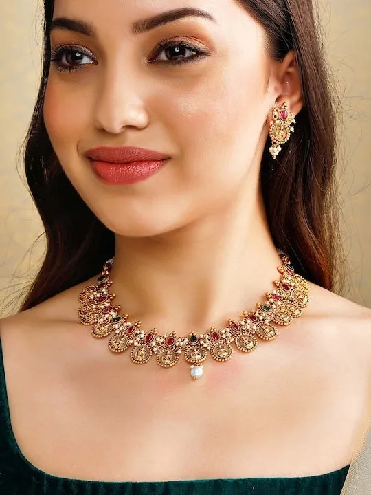24K Gold-Plated Red & Green Stone-Studded Beaded Handcrafted Jewelry Set