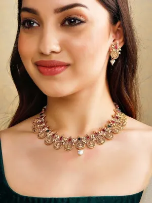 24K Gold-Plated Red & Green Stone-Studded Beaded Handcrafted Jewelry Set