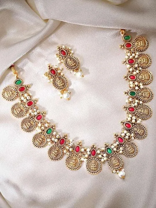 24K Gold-Plated Red & Green Stone-Studded Beaded Handcrafted Jewelry Set