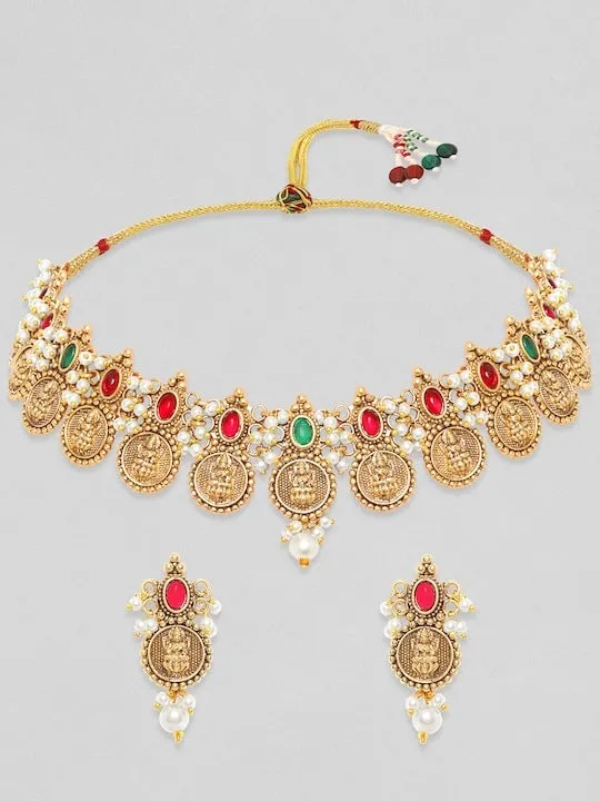 24K Gold-Plated Red & Green Stone-Studded Beaded Handcrafted Jewelry Set
