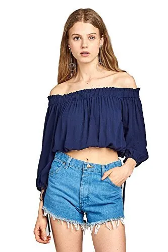 3/4 Drawstring Sleeve Elasticized Off-The-Shoulder Neckline Crinkle Crop Top