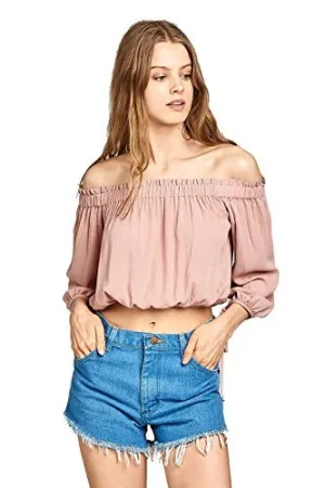 3/4 Drawstring Sleeve Elasticized Off-The-Shoulder Neckline Crinkle Crop Top