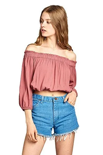 3/4 Drawstring Sleeve Elasticized Off-The-Shoulder Neckline Crinkle Crop Top