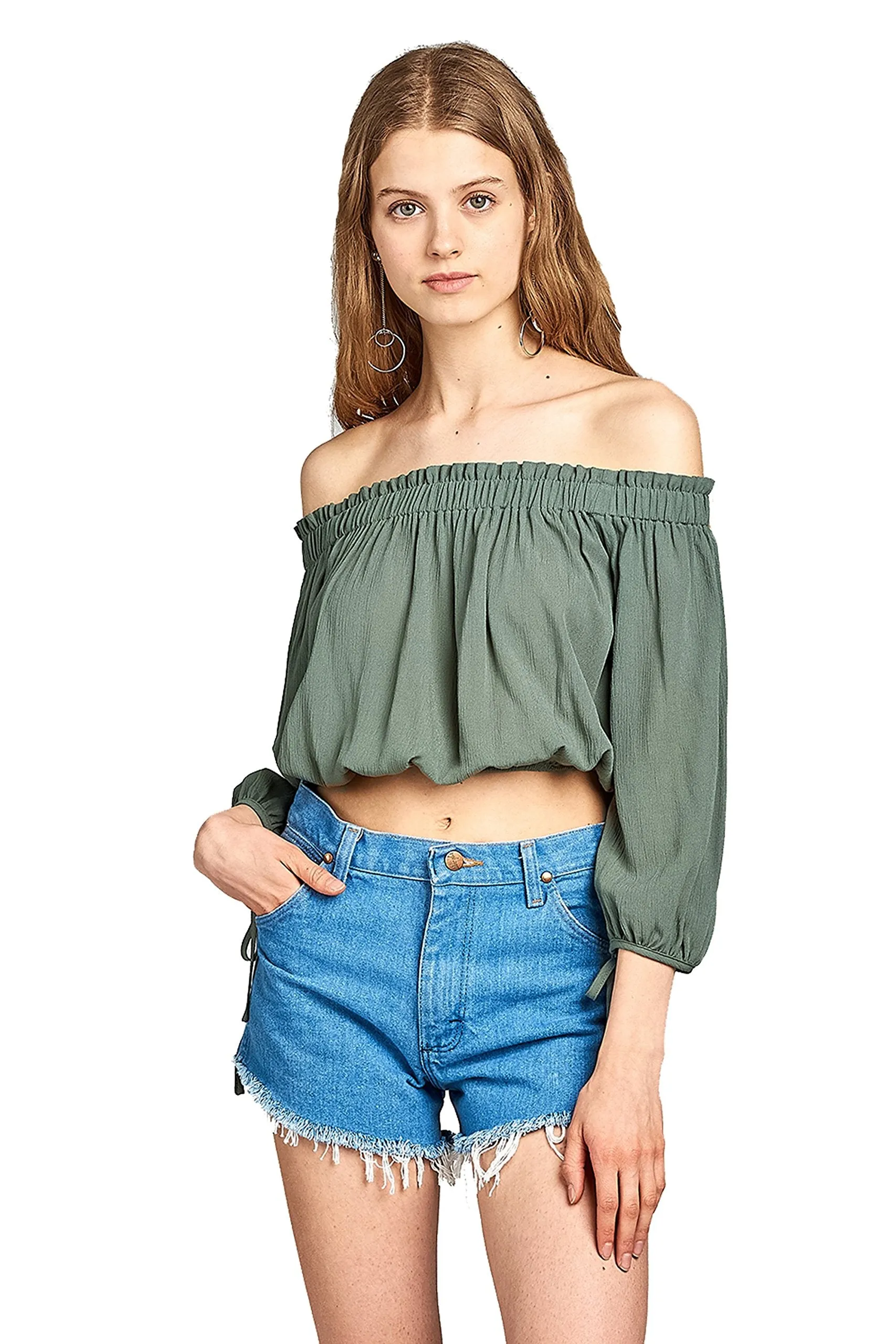 3/4 Drawstring Sleeve Elasticized Off-The-Shoulder Neckline Crinkle Crop Top