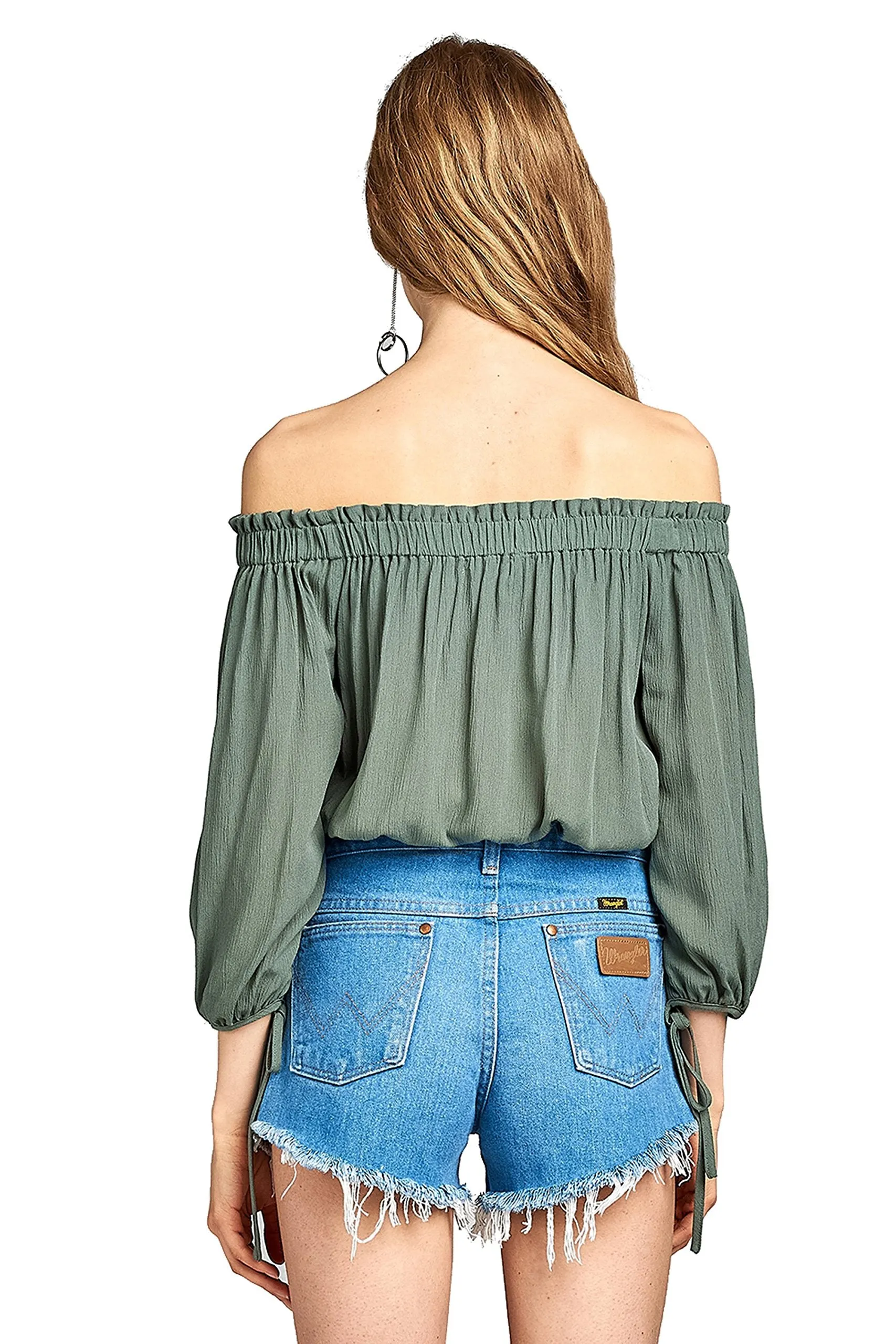 3/4 Drawstring Sleeve Elasticized Off-The-Shoulder Neckline Crinkle Crop Top