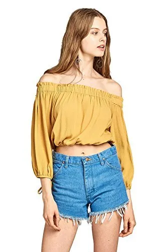 3/4 Drawstring Sleeve Elasticized Off-The-Shoulder Neckline Crinkle Crop Top