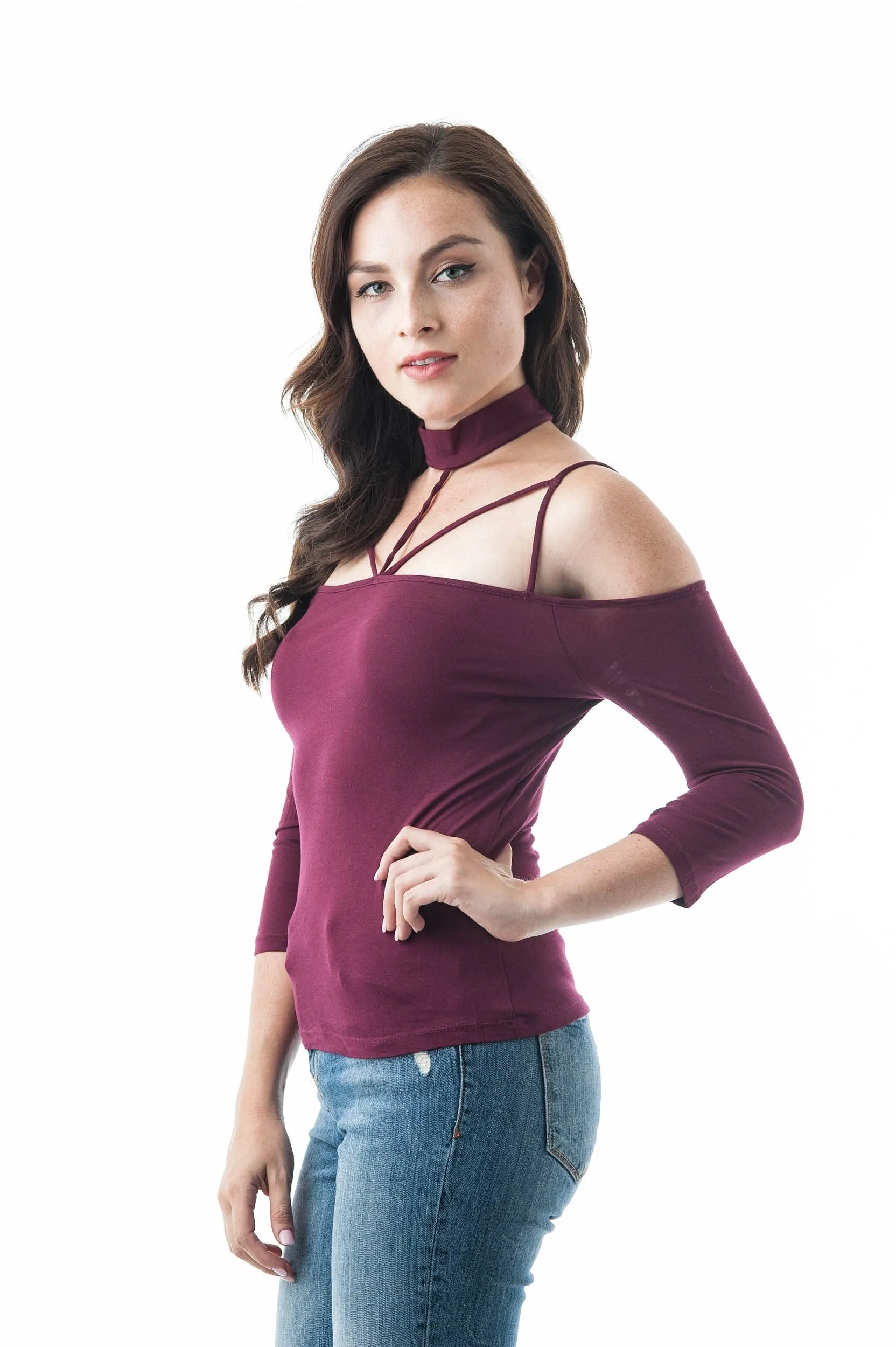 3/4 Sleeve Open Off The Shoulder Strappy Choker Neckline Top