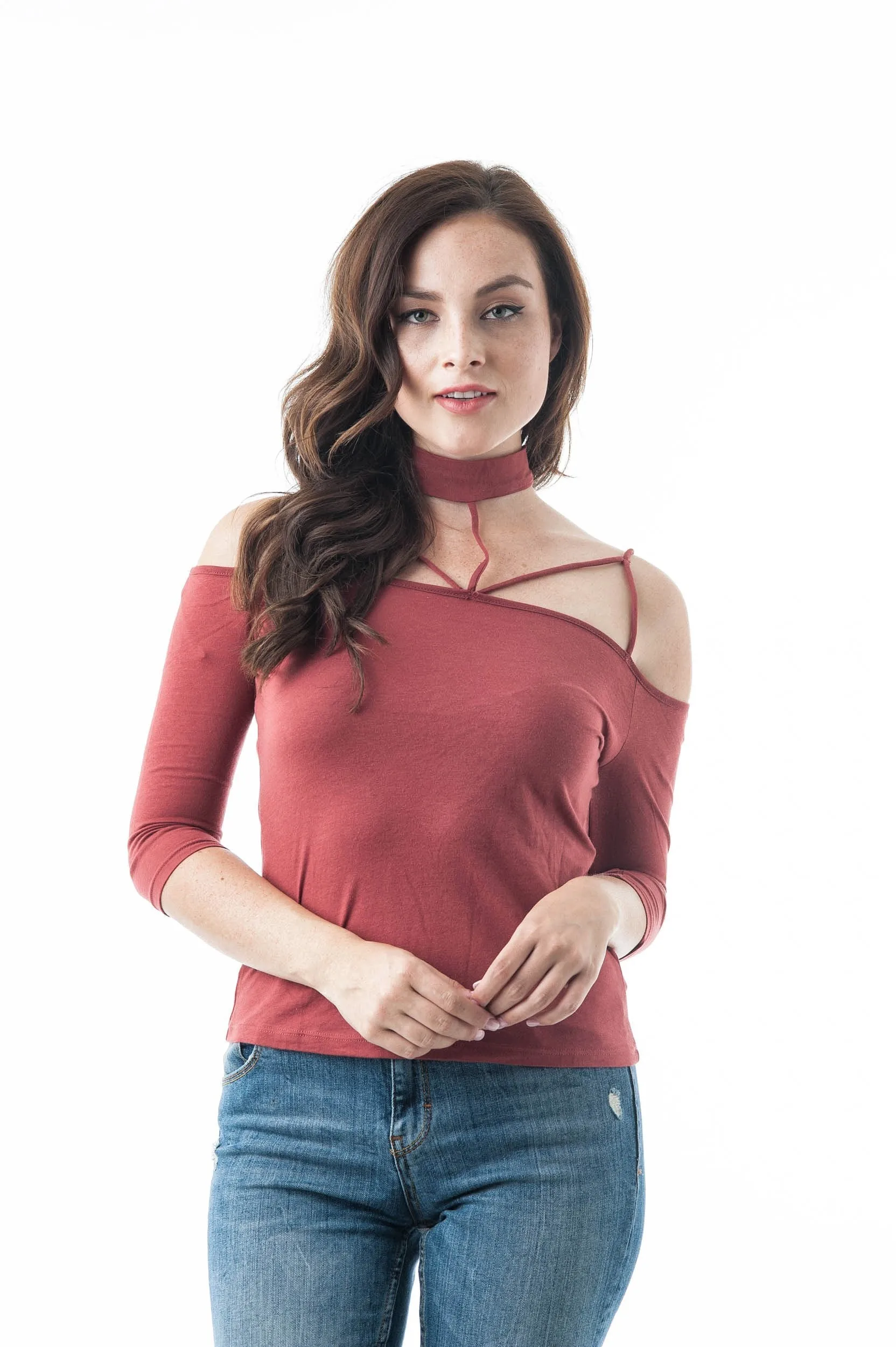 3/4 Sleeve Open Off The Shoulder Strappy Choker Neckline Top