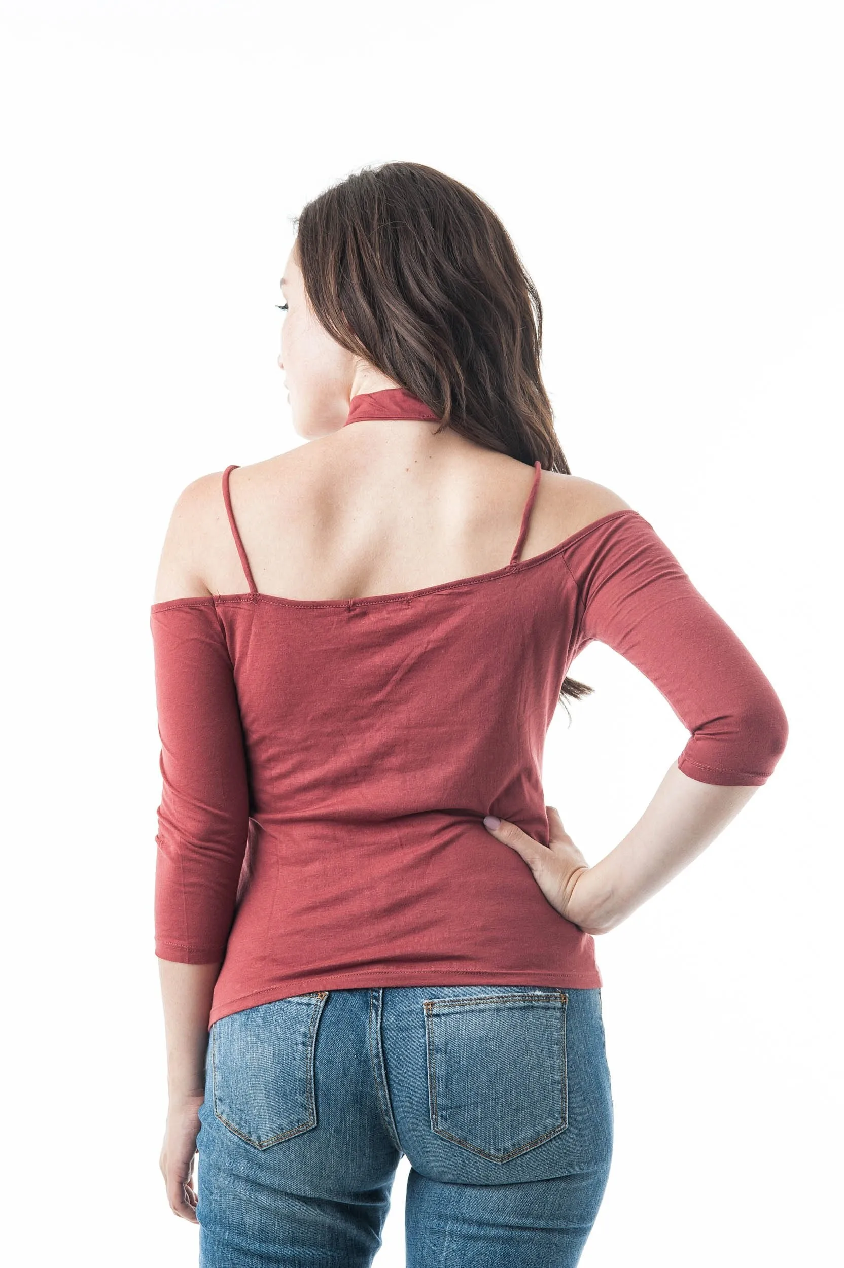3/4 Sleeve Open Off The Shoulder Strappy Choker Neckline Top