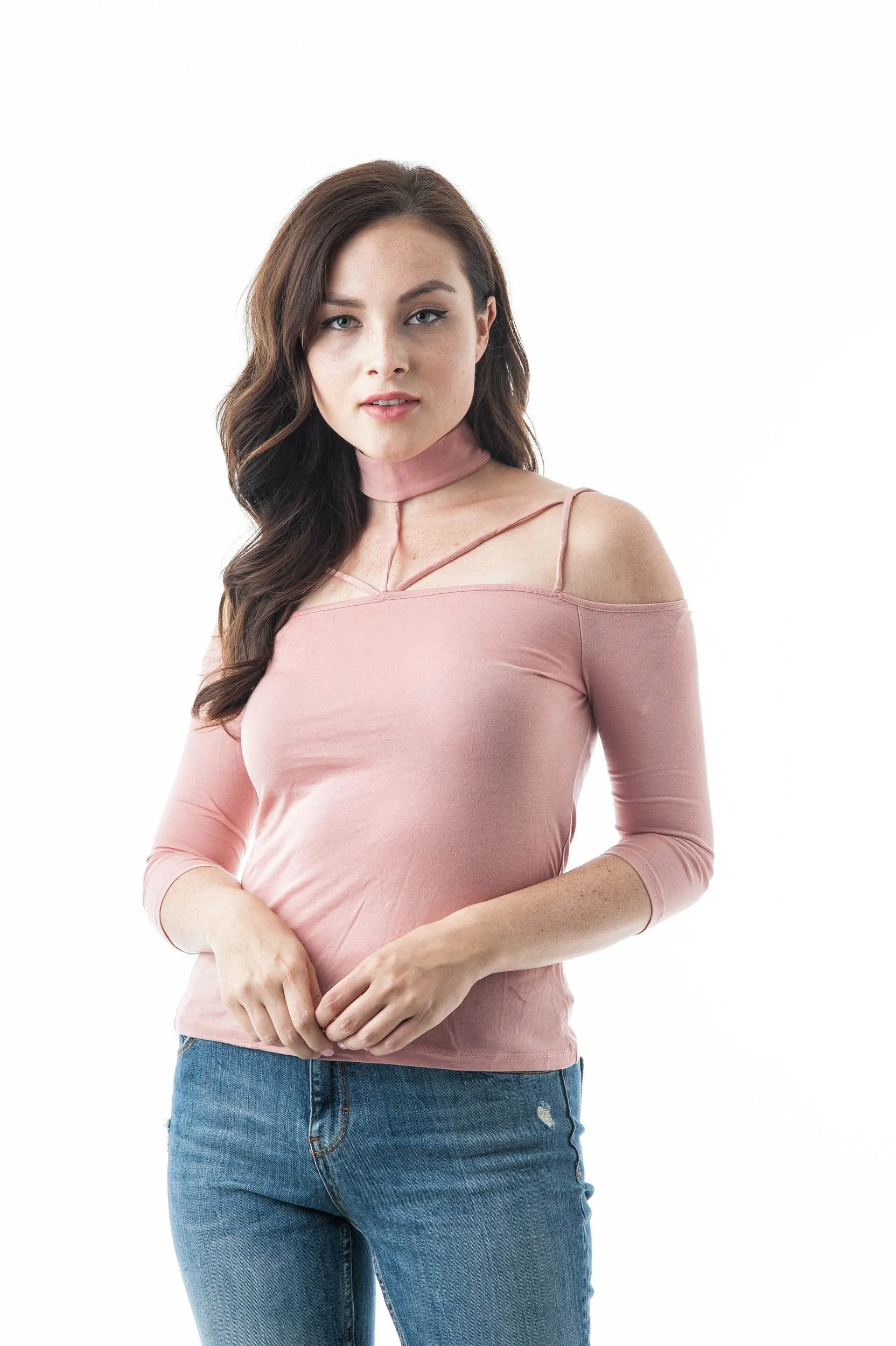 3/4 Sleeve Open Off The Shoulder Strappy Choker Neckline Top