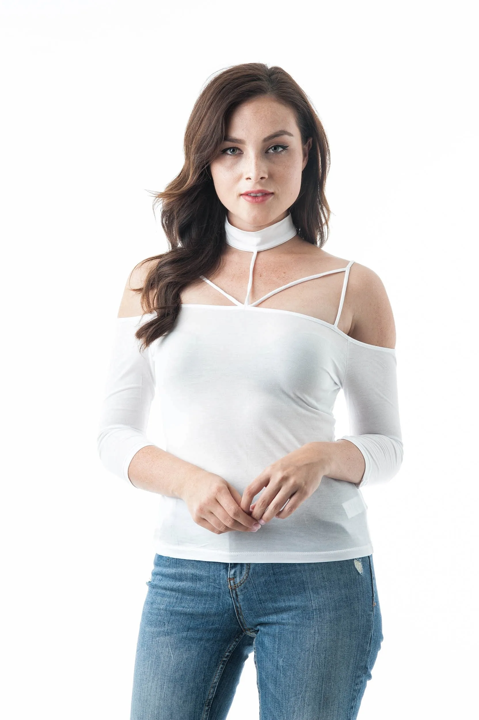 3/4 Sleeve Open Off The Shoulder Strappy Choker Neckline Top