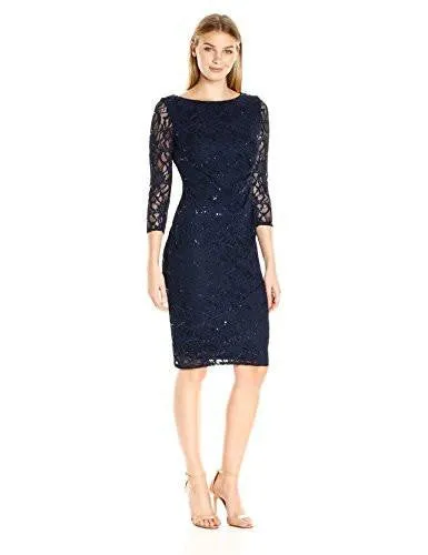 3/4 Sleeve Side Tucked Sheath, Navy, 16